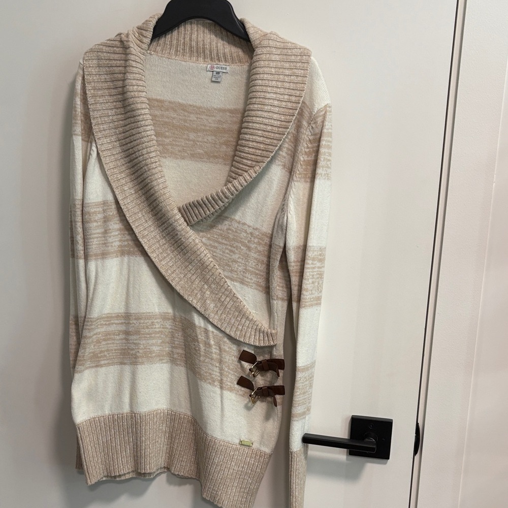 Guess Cream and Beige Striped Shawl-Collar Sweater